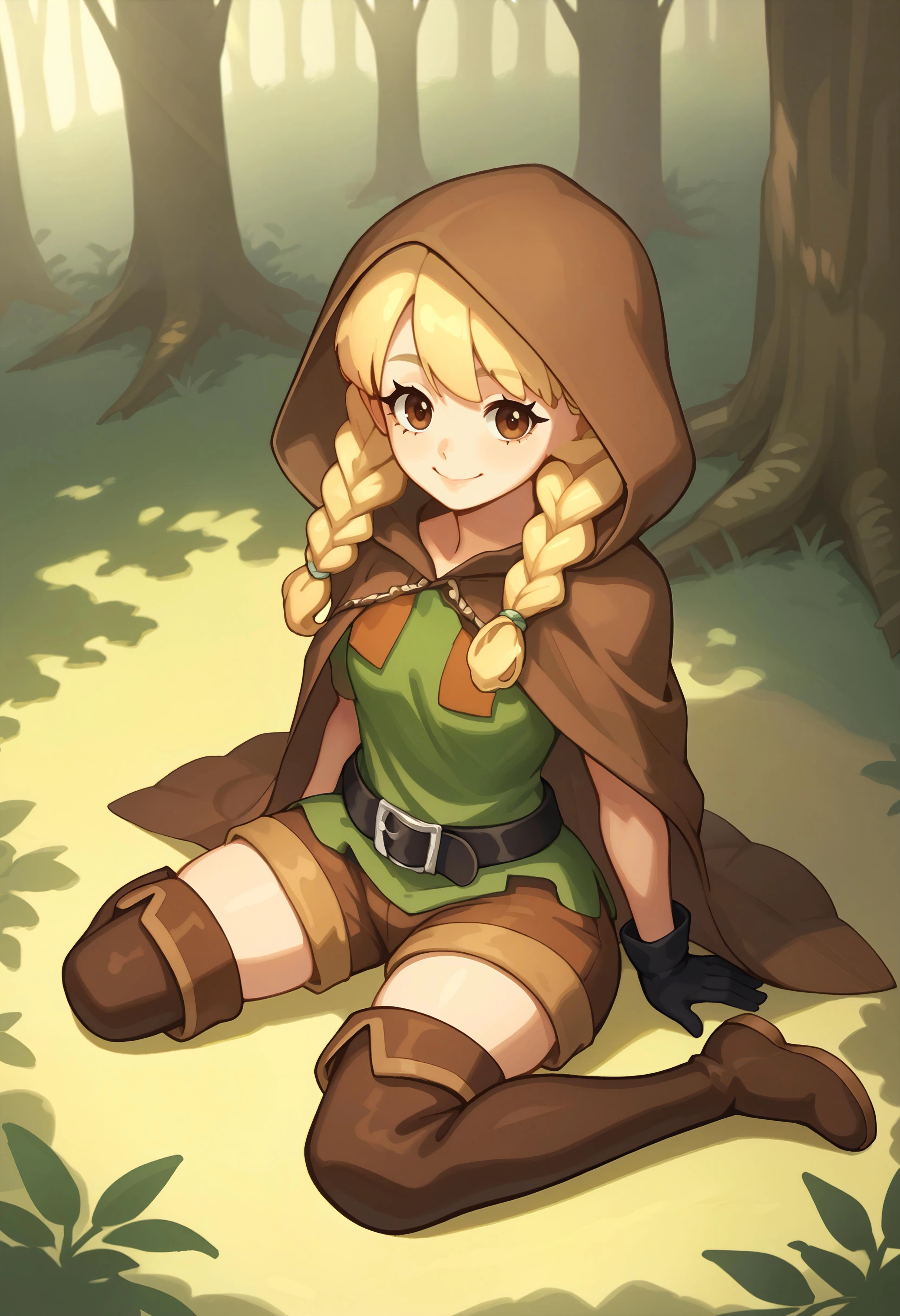 score_9, score_8_up, score_7_up, score_6_up BREAK solo,forest,dappled sunlight, dcElf, light blonde hair, brown eyes, twin braids,hood, brown cloak, green tunic, black gloves, belt, brown shorts, thigh boots,kneeling,wariza, w sitting,from above,slight smile <lora:dcelf-pdxl-nvwls-v1:0.8> <lora:Wariza__Concept_Lora:0.8>