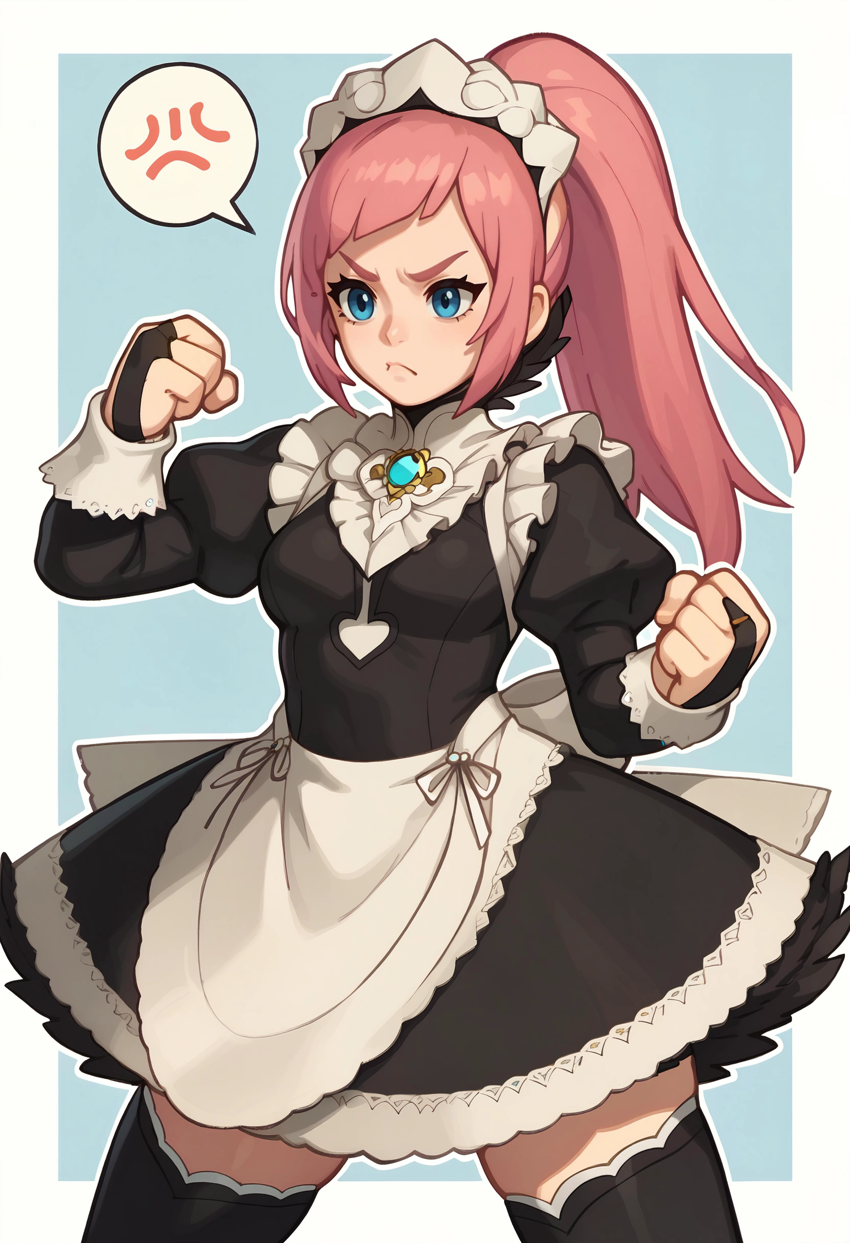 score_9, score_8_up, score_7_up, score_6_up BREAK dynamic pose,feliciadef, pink hair, ponytail, blue eyes, maid headdress, brooch, maid apron, black thighhighs, bridal gauntlets,clenched hands,pout,fighting stance,spoken anger vein <lora:felicia-fe-richy-v1_xl:1>