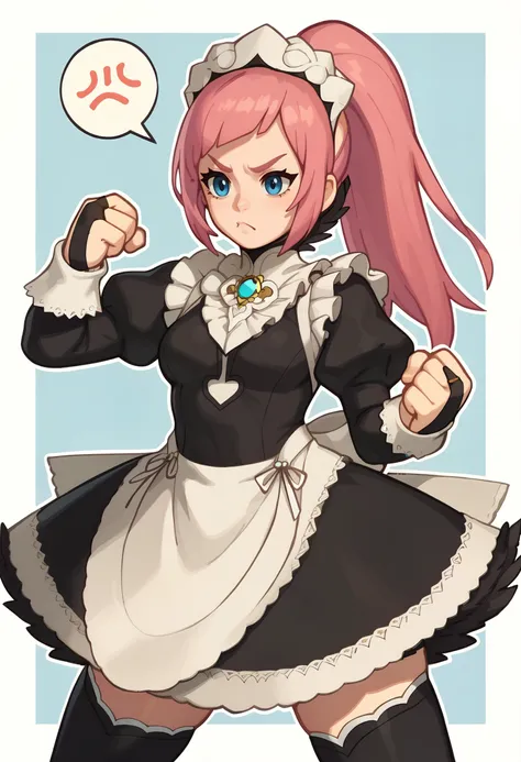 score_9, score_8_up, score_7_up, score_6_up BREAK dynamic pose,feliciadef, pink hair, ponytail, blue eyes, maid headdress, brooch, maid apron, black thighhighs, bridal gauntlets,clenched hands,pout,fighting stance,spoken anger vein <lora:felicia-fe-richy-v1_xl:1>