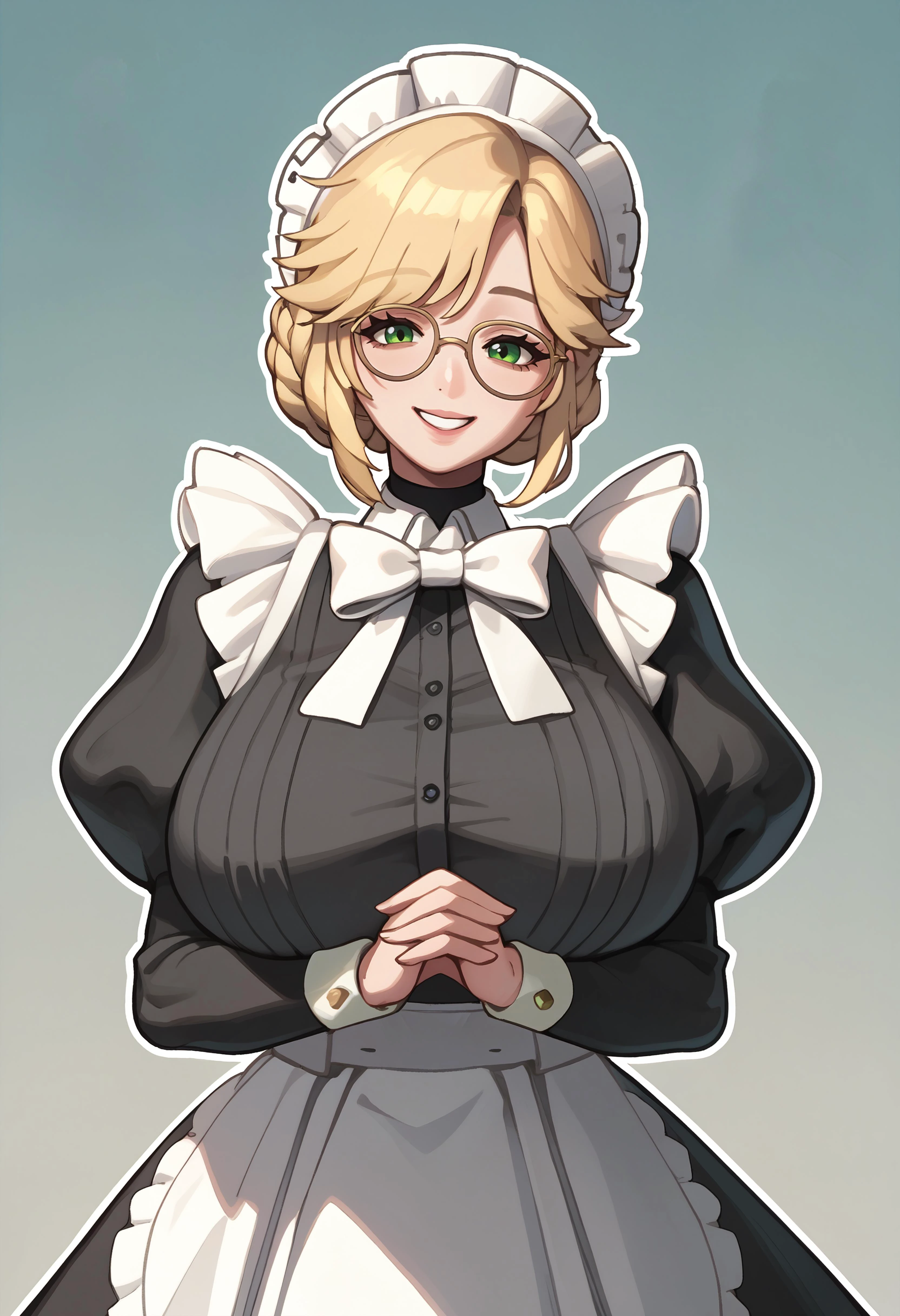 score_9, score_8_up, score_7_up, score_6_up BREAK ade, milf, green eyes, glasses, blonde hair, bangs, braid, hair bun, maid, maid headdress, white bow, juliet sleeves, puffy sleeves, frills, maid apron, huge breasts,hands together,smile <lora:ade-nikke-richy-v1_pdxl:1>