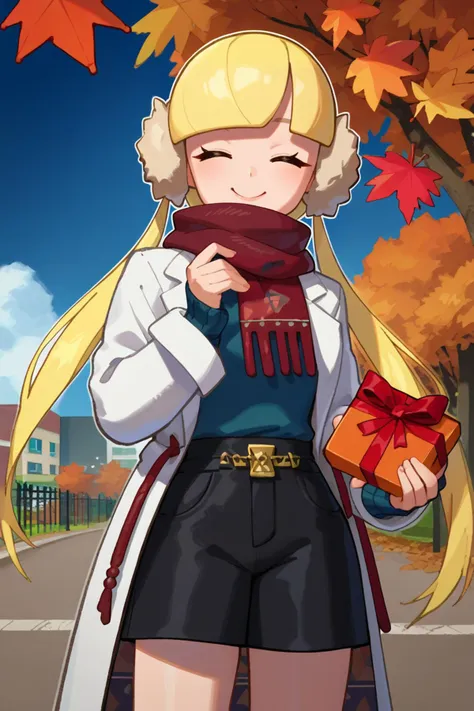 score_9, score_8_up, score_7_up, score_6_up, source_anime, BREAK 1girl, <lora:pkmnelesa-pdxl-nvwls-v1-000005:1> palEle, blonde hair, earmuffs, twintails, red scarf, white coat, blue shirt, black shorts, holding gift box, closed eyes, happy, autumn, street