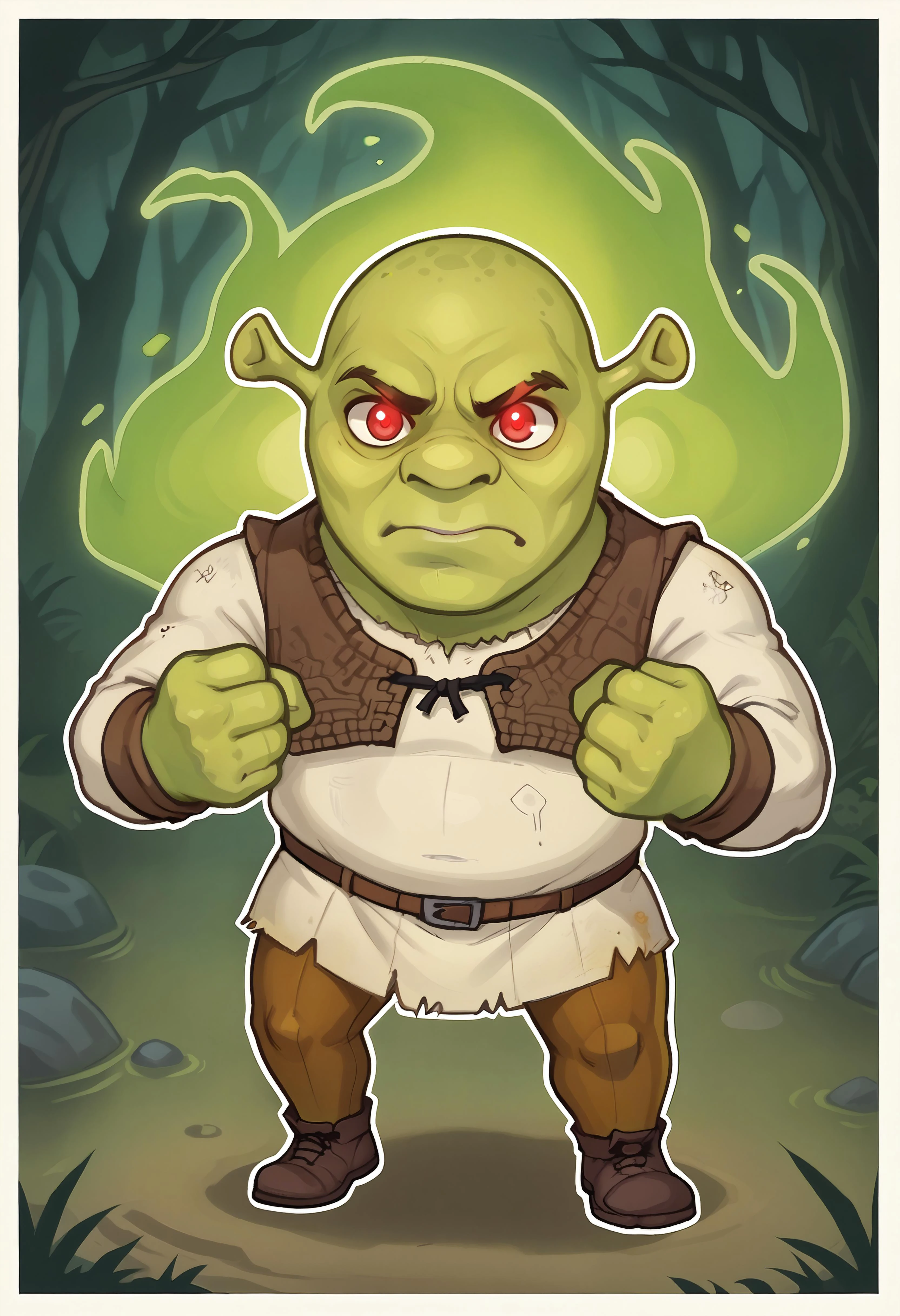 score_9, score_7_up BREAK solo,male focus, chibi,shrek, green skin,clenched hands,fighting stance,glowing eyes,swamp,outline,aura,energy,red eyes <lora:Shrek_XLPD:0.8>