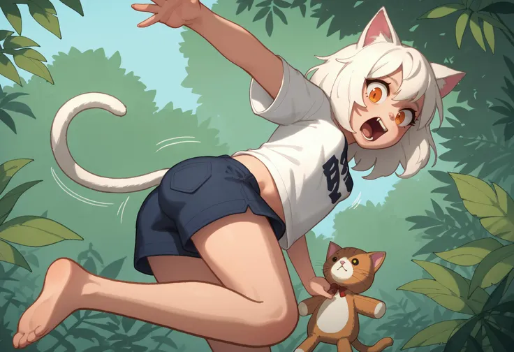 score_9,score_8_up,score_7_up, 1girl, cat ears, white hair, orange eyes, medium hair, small breasts, pounce, open mouth, shouting, stuffed toy, t-shirt, oversized shirt, dynamic, motion lines, jumping, jungle, rating_safe, bent over, reaching, reaching out, cat tail, fangs, shorts, from below,