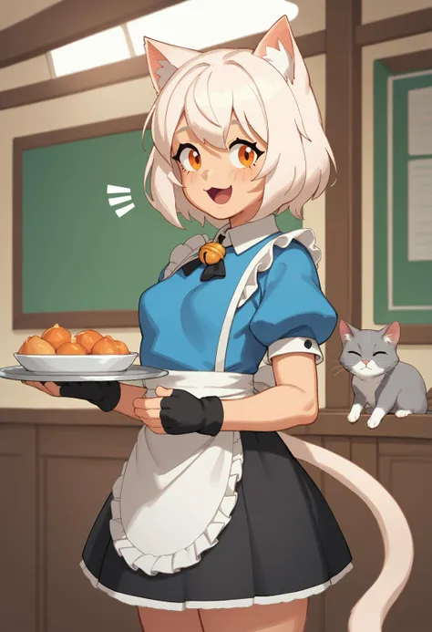 score_9,score_8_up,score_7_up, cat cafet, indoors, 
1girl, cat ears, white hair, orange eyes, medium hair, small breasts, waitress, frilled apron, puffy sleeves, short sleeves, skirt, holding tray, two-handed, glance, notice lines, smile, open mouth, fingerless gloves, three-quarter portrait, motion lines, from side, turning, cat tail,  looking at viewer,
counter, window, cat, domestic cat, animal, pet, sleeping, napping,