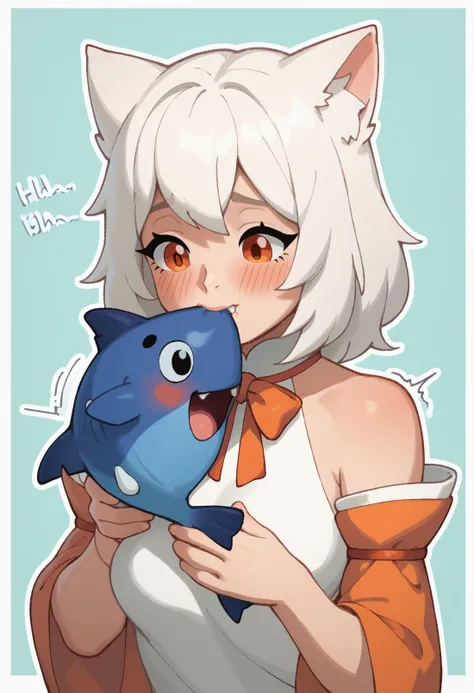 score_9,score_8_up,score_7_up, 1girl, cat ears, white hair, orange eyes, medium hair, medium breasts,biting, nibbling, [toast in mouth:stuffed fish:0.01], chibi, fang, shoulder cutout, neck ribbon, motion lines, onomatopoeia, "chomp", "chuu", happy, blush, upper body,