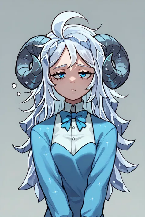 score_9, score_8_up, score_7_up BREAK 1girl, solo  <lora:CrystalHair_XLPD:1> incrsxlcrystalhair, crystal hair, shiny hair, white hair, messy hair, long hair, bowtie, light blue dress, sheep horns, sleepy, blue eyes,