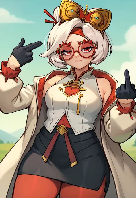 score_9, score_7_up BREAK finger gun to head, purah,hair ornament, red headband, red glasses, sleeveless shirt, white coat, black skirt, red leggings, gloves,smug,closed mouth,(middle finger:1.1)  <lora:purah-pdxl-nvwls-v1:0.8> <lora:FingergunToHead_XLPD:0.9>