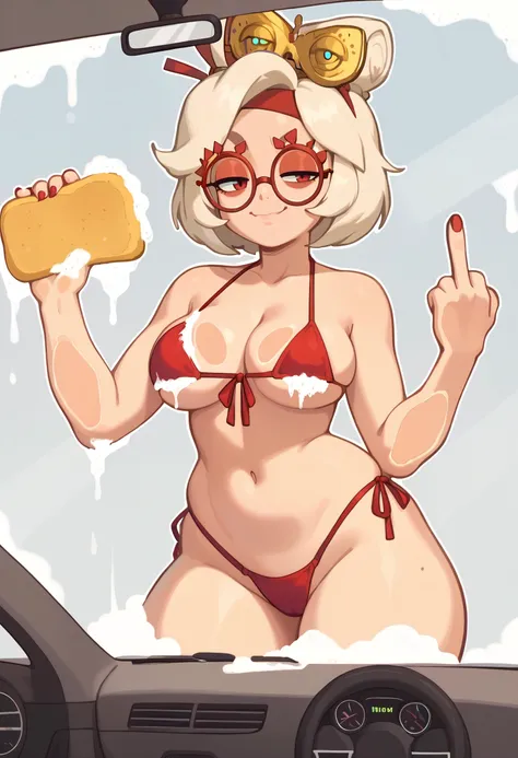 score_9, score_8_up, score_7_up, score_6_up BREAK against glass, soap, sponge, povagainstcar,string bikini, purah,hair ornament, red headband, red glasses,,closed mouth,smug,middle finger <lora:povagainstcar-guy-PONYv1:1> <lora:purah-pdxl-nvwls-v1:0.8>