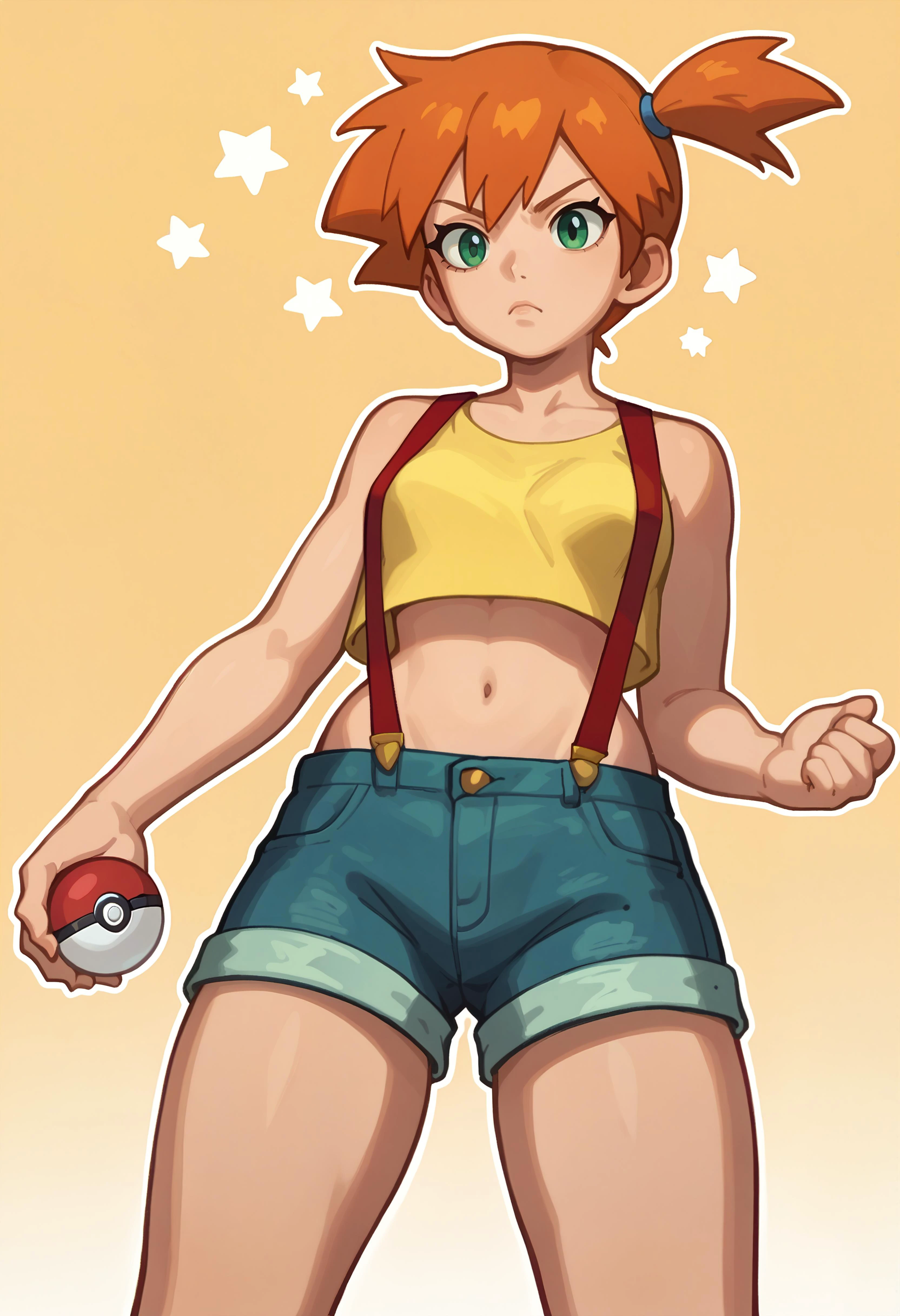 score_9, score_8_up, score_7_up, score_6_up BREAK solo,dynamic pose,dramatic angle,serious, EPpkMisty,orange hair, short hair, side ponytail, green eyes,bare arms, suspenders, navel, midriff, yellow shirt, collarbone, crop top, sleeveless shirt, denim shorts,holding pokeball,stars <lora:EPpkMistyPDXL:0.8>