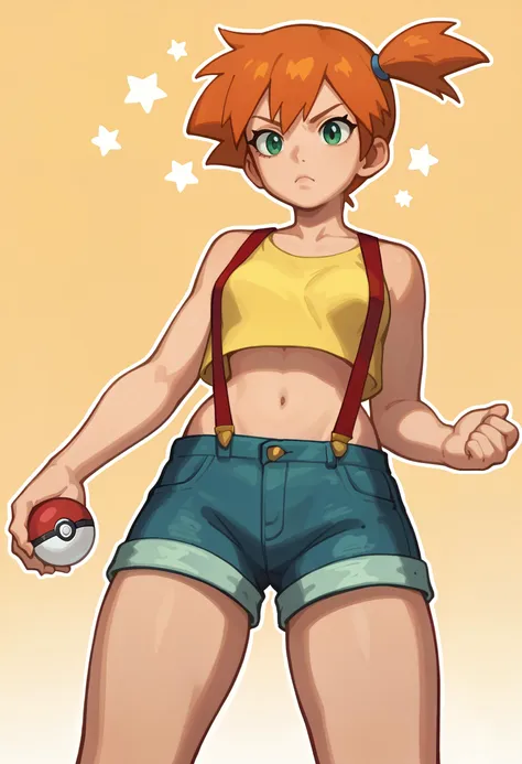 score_9, score_8_up, score_7_up, score_6_up BREAK solo,dynamic pose,dramatic angle,serious,  EPpkMisty,orange hair, short hair, side ponytail, green eyes,bare arms, suspenders, navel, midriff, yellow shirt, collarbone, crop top, sleeveless shirt, denim shorts,holding pokeball,stars <lora:EPpkMistyPDXL:0.8>