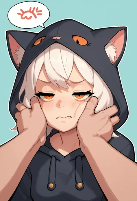 score_9,score_8_up,score_7_up, 1girl, cat ears, white hair, orange eyes, medium hair, small breasts, pov, hands on another's face, face squish, cheek pinching, annoyed, closed mouth, spoken anger vein, half-closed eyes, cat hood, cat costume, upper body, pout, fang,