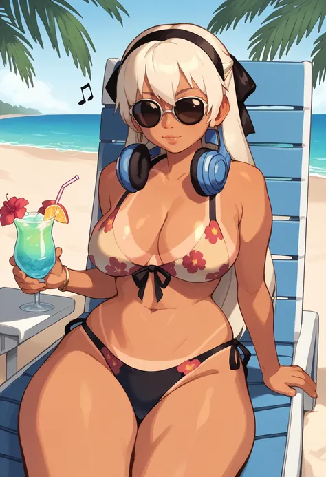 score_9, score_8_up, score_7_up, score_6_up BREAK solo,outdoor,beach,headphones around neck,zeroElie, black hairband, hair ribbon, long hair,floral print bikini,tanlines,sunglasses,lounging,beach chair,tropical drink,musical note,digital media player <lora:elie-pdxl-nvwls-v1:0.8>