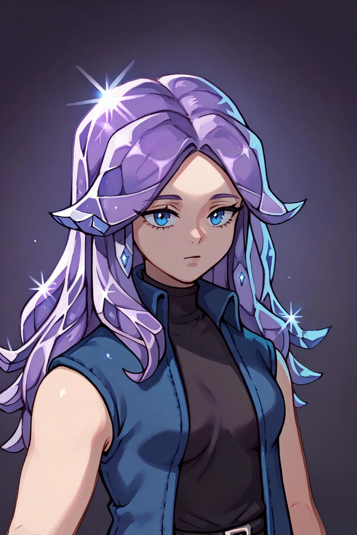 score_9, score_8_up, score_7_up BREAK 1girl, solo <lora:CrystalHair_XLPD:1> incrsxlcrystalhair, crystal hair, shiny hair, <lora:NSAbigailStardew:1> NSAbigailStardew, purple hair, blue eyes, long hair, parted bangs, blue vest, open vest, sleeveless, black shirt, skirt, black leggins
