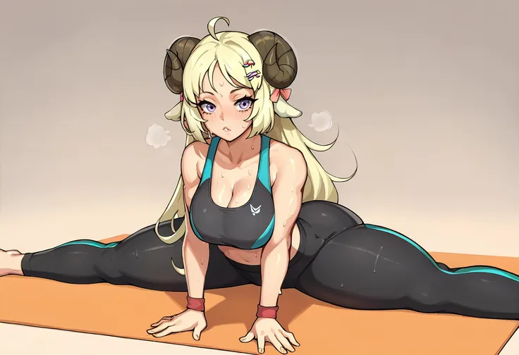 score_9, score_7_up BREAK horizontal splits,cleavage,facing viewer,WatameBase, very long hair, ahoge, hairclip,sheep horns,butt,yoga pants,sports bra,sweat,looking at viewer <lora:CHAR-TsunomakiWatamePonyXL:0.8> <lora:splitsPositionsPonyXL_v10DORA:1>