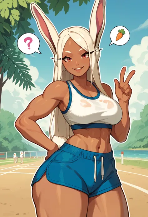 score_9, score_8_up, score_7_up, score_6_up BREAK solo,mirko,bunny tail,dark skin,blue shorts,white sports bra,outdoors,standing,cowboy shot,looking at viewer,big butt,slight smile,spoken [heart:question mark:0.01],spoken [heart:carrot:0.01],multiple symbols