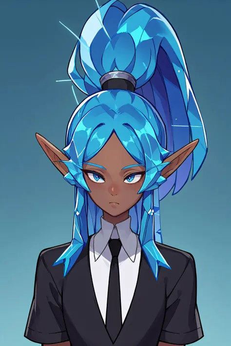 score_9, score_8_up, score_7_up, source_anime, 1girl, solo <lora:CrystalHair_XLPD:1.2> incrsxlcrystalhair, crystal hair, shiny hair, <lora:NSSindragosaWoW:0.7> NSSindragosaWoW, high ponytail, long hair, parted bangs, blue hair, pointy ears, dark-skinned female, split pupils, black shorts, black necktie, white shirt, collared shirt, black jacket, black sleeves, short sleeves
