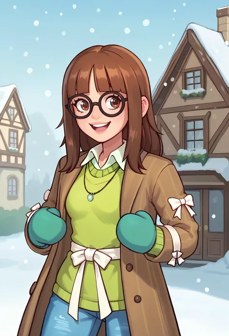 score_9, score_7_up BREAK outdoors,snowing, NSAlicePortia, brown hair, long hair, brown eyes, blunt bangs, glasses,brown coat, green sweater, necklace, white collared shirt, jeans, cowboy shot, white ribbon, white sash, necklace, long sleeves,happy,mittens <lora:NSAlicePortia:0.8>