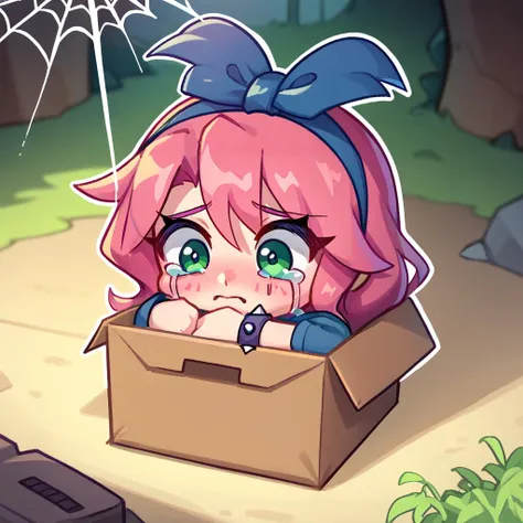 score_9, score_8_up, score_7_up, BREAK <lora:chibi_box_b0xe_v2.1:1> b0xe,in box,chibi,cardboard box, 1girl, solo,  <lora:NSStylistTerraria:1> NSStylistTerraria, pink hair, long hair, green eyes, blue shirt, purple apron, jeans, spiked collar, spiked wristband, hairband, hair bow, hugging own legs, crying, flying teardrops, cave, spider web, outdoors