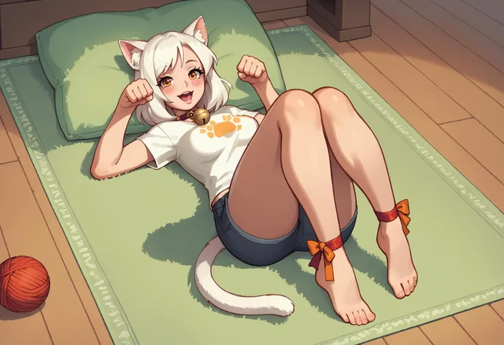 score_9,score_8_up,score_7_up, 1girl, cat ears, white hair, orange eyes, medium hair, medium breasts, shorts, t-shirt, [band shirt:cat print:0.1], on back, cat tail, full body, paw pose, yarn ball,  knees up, pillow, rug, indoors,looking at viewer, smile, open mouth, fangs, sparkle, dog bed, lying, neck bell, ankle ribbon, from above,