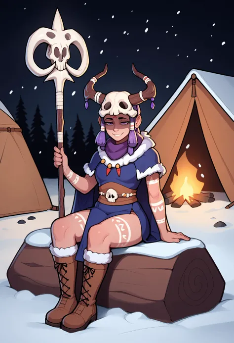 score_9,score_8_up,score_7_up BREAK 1girl, solo, animal skull on head, tribal, horn ornament, shaded face, pelvic curtain, overskirt, fur trim, fur-trimmed boots, shaman, snow, tent, three-quarter portrait, purple eyes, staff, old wood, mystic, over-kneehighs, sitting, rock, snow, bonfire, sparks, embers, night, black background, light smile, half-closed eyes,