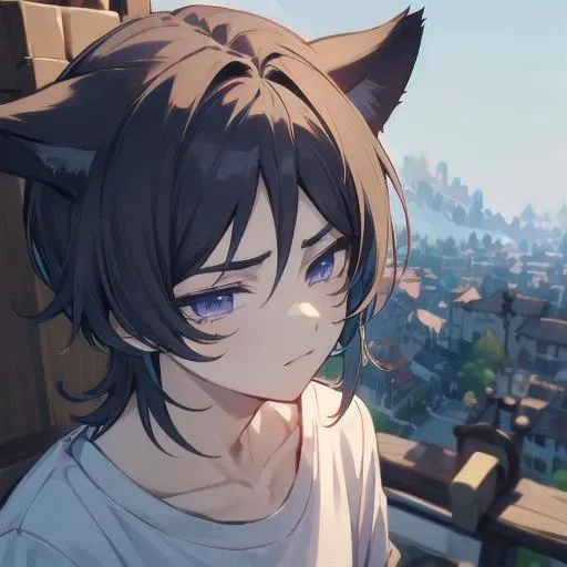 masterpiece, best quality, 1boy, male focus, solo, <lora:wanderer-08:0.8>, detailed face, casual clothes, white t-shirt, purple eyes, cat ears, city background, mengde, <lora:half-closed eyes:0.8>, <lora:GenshinLandscapes:1>