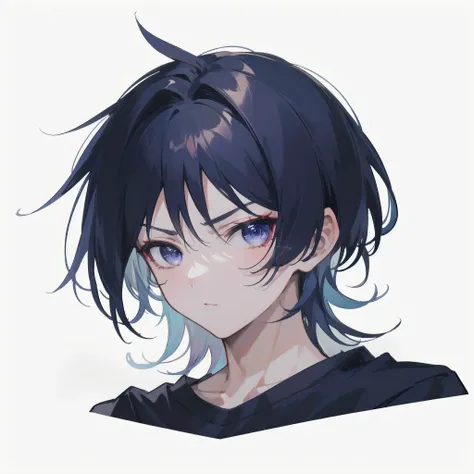 masterpiece, best quality, portrait, 1boy, male focus, adult male, <lora:wanderer:0.7>, Wanderer, dark blue hair, dark purple eyes, t-shirt, casual clothes, looking at viewer, serious, detailed face, simple background,