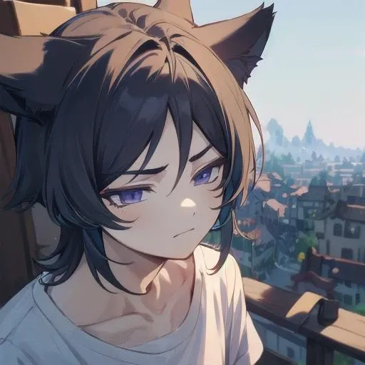 masterpiece, best quality, 1boy, male focus, solo, <lora:wanderer-08:0.8>, detailed face, casual clothes, white t-shirt, purple eyes, cat ears, city background, mengde, <lora:half-closed eyes:1>, <lora:GenshinLandscapes:1>