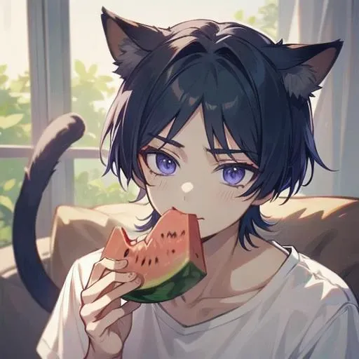 (masterpiece:1.2), (best quality:1.2), 1boy, male focus, solo, <lora:wanderer-08:0.8>, cat ears, cat tail, dark blue hair, purple eyes, detailed face, casual clothes, white t-shirt, <lora:lap_pillow_invitation-10:1>, lap pillow invitation, <lora:EatingWM:0.8>, EatingWM, catboy sitting eating a watermelon, close-up, <lora:GoodHands-beta2:1>