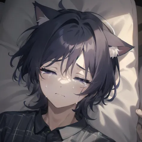 masterpiece, best quality, portrait, 1boy, male focus, adult male, <lora:wanderer:0.7>, Wanderer, dark blue hair, dark purple eyes, pajamas, pajama shirt, casual clothes, cat boy, cat ears, closed eyes, crying,