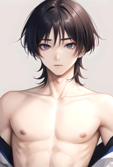 masterpiece, best quality, highres, high quality, 1boy, solo, male focus, looking at viewer, upper body, hair, realistic, <lora:wanderer-08:0.8>, bare shoulders, bare arms, bare shoulders,