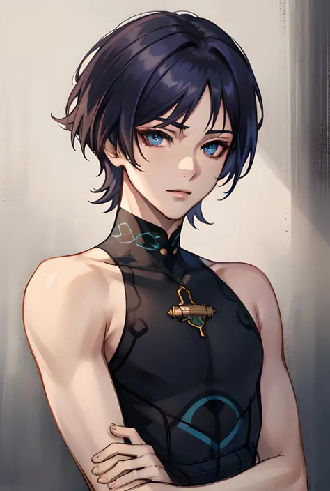 masterpiece, best quality, highres, high quality, 1boy, solo, male focus, looking at viewer, upper body, hair, realistic, <lora:wanderer-08:0.8>, bare shoulders, bare arms, bare shoulders,