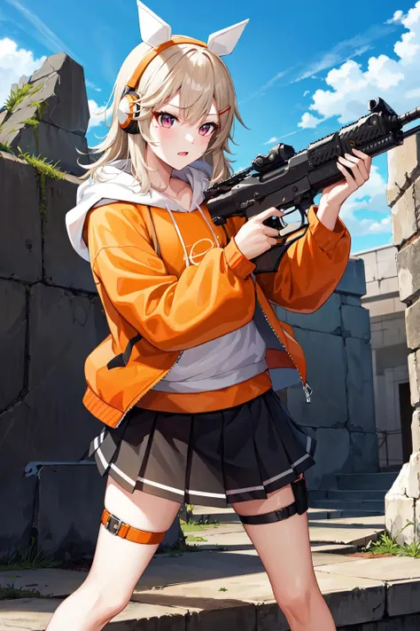 masterpiece, best quality, highres, vspomet, headphones, animal ears, hairclip, orange hoodie, hood down, hooded jacket, open jacket, long sleeves, pleated skirt, black skirt, thigh strap, <lora:komori_met_vspo_v1:0.7>, holding weapon, gun, ruins,