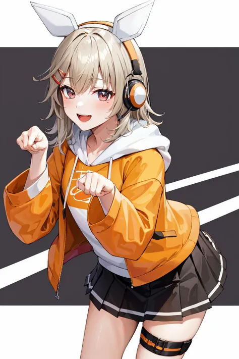 masterpiece, best quality, highres, vspomet, headphones, animal ears, hairclip, orange hoodie, hood down, hooded jacket, open jacket, long sleeves, pleated skirt, black skirt, thigh strap, <lora:komori_met_vspo_v1:0.7>, paw pose, smile, open mouth,