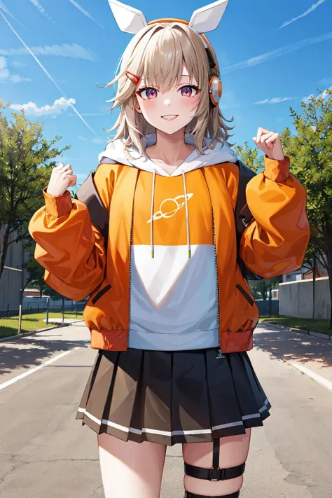 masterpiece, best quality, highres, vspomet, headphones, animal ears, hairclip, orange hoodie, hood down, hooded jacket, open jacket, long sleeves, pleated skirt, black skirt, thigh strap, <lora:komori_met_vspo_v1:0.7>, standing, cowboy shot, outdoors, smile