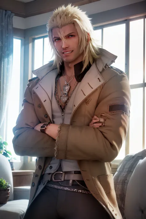 (masterpiece, best quality:1.2), <lora:ffx_villiers-10:1>, cowboy shot, solo, male focus, 1boy, snow villiers, muscular male, facial hair, stubble, grin, looking at viewer, crossed arms, coat, pants, jewelry, necklace
