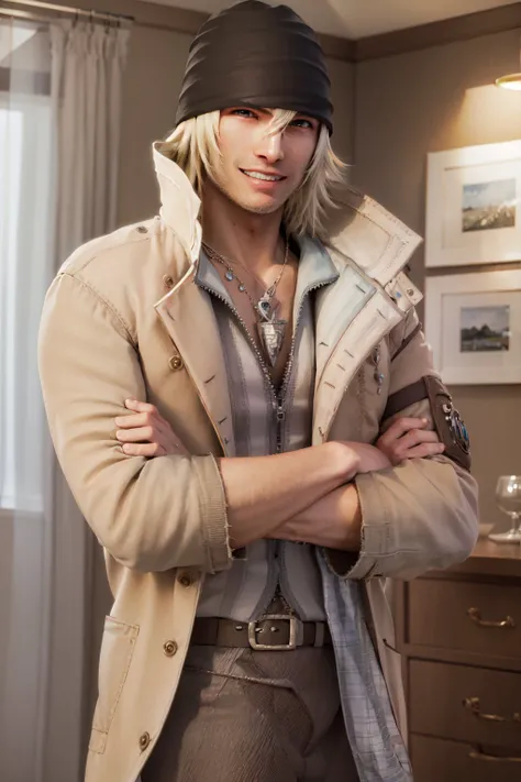 (masterpiece, best quality:1.2), <lora:ffx_villiers-10:1>, cowboy shot, solo, male focus, 1boy, snow villiers, muscular male, facial hair, stubble, grin, looking at viewer, crossed arms, coat, pants, jewelry, necklace