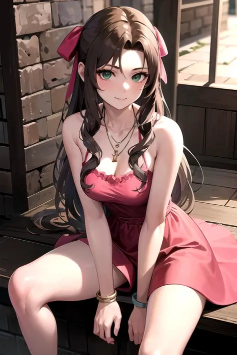 best quality,masterpiece,8k wallpaper, absurdres, highres, ultra detailed, (1 young beautiful girl, solo:1.1), aerith gainsborough \(cosplay\), smile, necklace, brown_hair, long_hair, green eyes, bracelet, pink_dress, hair_ribbon, hand on own knee, cellar, hand between legs,  <lora:aerithGainsboroughCottonDress:0.7>