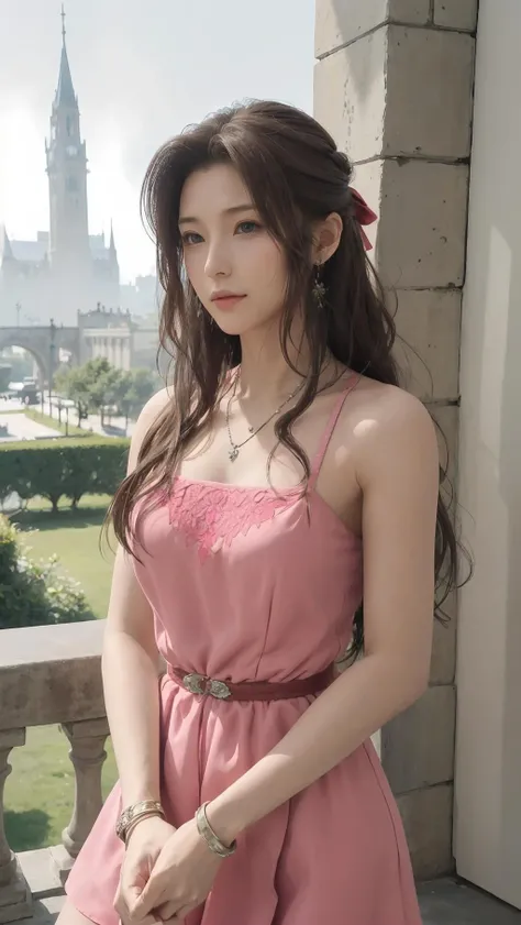best quality,masterpiece,8k wallpaper,absurdres, highres, ultra detailed, (1 young beautiful girl, solo:1.1),aerith gainsborough \(cosplay\), necklace,brown_hair,long_hair,bracelet,pink_dress,hair_ribbon,The Tower of Destiny,<lora:AerithjustROLE:0.7>,
BREAK