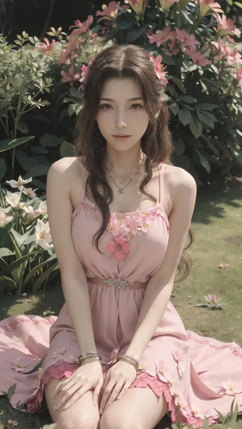 best quality,masterpiece,8k wallpaper,absurdres, highres, ultra detailed, (1 young beautiful girl, solo:1.1),aerith gainsborough \(cosplay\), necklace,brown_hair,long_hair,bracelet,pink_dress,hair_ribbon,hand on own knee, 1930s \(style\),flower, (lily (flower):1.3),lying on grass, <lora:AerithjustROLE:0.7>