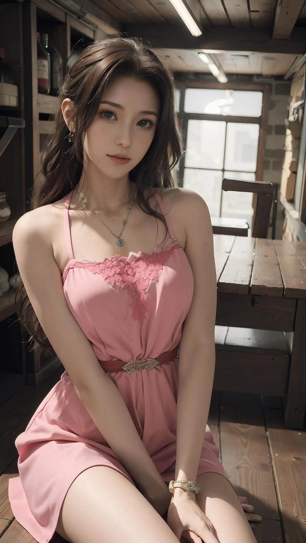 best quality,masterpiece,8k wallpaper,absurdres, highres, ultra detailed, (ung beautiful girl, solo:1.1),aerith gainsborough \(cosplay\), necklace,brown_hair,long_hair,bracelet,pink_dress,hair_ribbon,hand on own knee, cellar,hand between legs, <lora:AerithjustROLE:0.7>