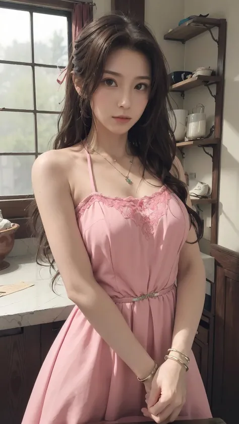 Best Quality, Masterpiece, Ultra High Resolution, (Realisticity: 1.4), Original Photo, 1girl, Pink Off-the-Shoulder, Cinematic Lighting