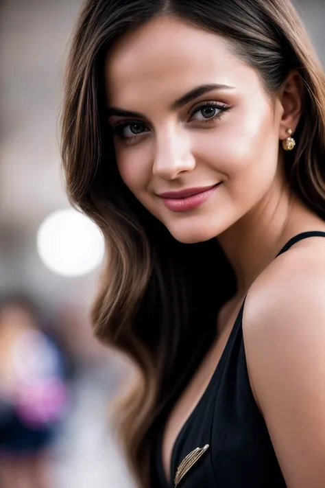 RAW photo, face portrait photo of beautiful 26 y.o woman, cute face, wearing black dress, happy face, hard shadows, cinematic shot, dramatic lightin, big boobs, long hair, dramatic background, dark pink lips, sexy figure, crop top