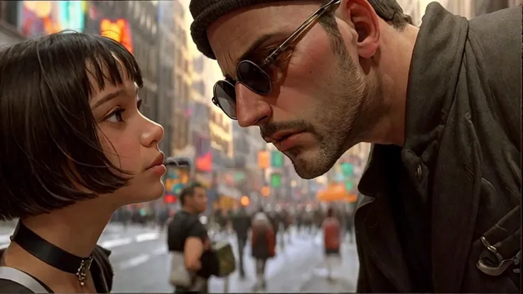 girl talking to (old:0.6) leon , streets of new york, sharp focus, choker, short black hair, round sunglasses, black woolen cap. 1920 Mafia
<lora:matilda_lora:0.55> 
<lora:Leon:0.6>