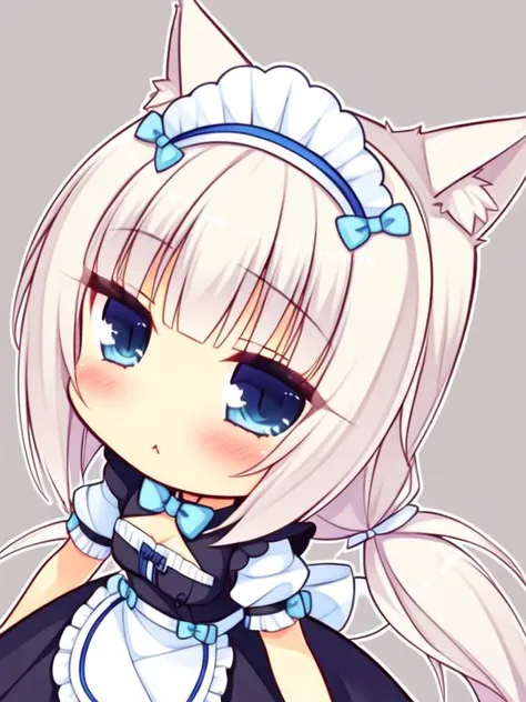 masterpiece, best quality, 1girl, <lora:super-Rh-vanilla-v2:0.7>, sidelocks, hair ornament, jewelry, blush, mature female, animal ears, blue eyes, cat ears,wintails, tail, white hair,low twintails, cat girl, cat tail, animal ear fluff, breasts, long hair, <lora:yuzusoft-chibiV2:1>, chibi, looking at viewer, maid, maid headdress, maid apron, grey background