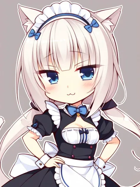 masterpiece, best quality, 1girl, <lora:super-Rh-vanilla-v2:0.7>, sidelocks, hair ornament, jewelry, blush, mature female, animal ears, blue eyes, cat ears,wintails, tail, white hair,low twintails, cat girl, cat tail, animal ear fluff, breasts, long hair, <lora:yuzusoft-chibiV2:1>, chibi, looking at viewer, maid, maid headdress, maid apron, grey background, hand on hip, <lora:uwu:0.6>, uwu, ;3