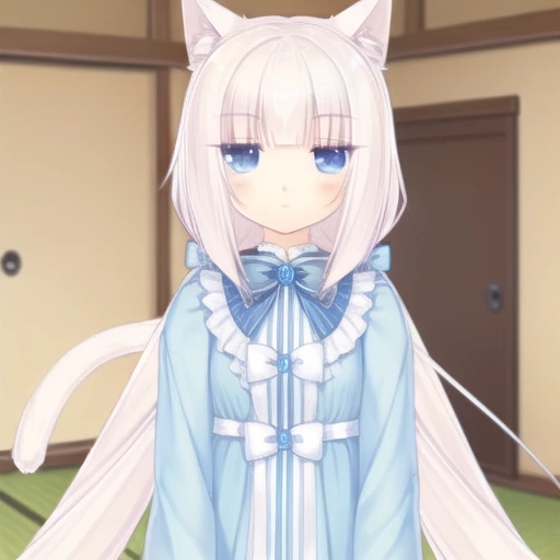 {{masterpiece}}, {{best quality}},very long hair, white hair,blue eyes,<lora:xiangzilan-Version.3:1.5> , cat_ears, animal_ears, animal ear fluff , hair ear, cat tail,