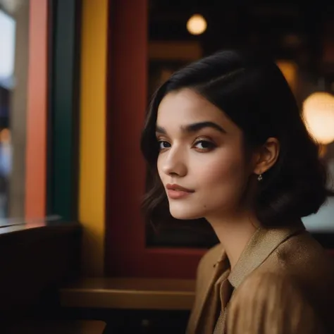 <lora:rachelzegler_sdxl:1> rachelzegler, beauty photography, beautiful shy young woman, age 30, bob hairstyle, sitting, face closeup, 70s clothing, vintage coffee shop, chiaroscuro lighting, eye level, shot on large format, Fujicolor Pro, bokeh, in style of Miles Aldridge