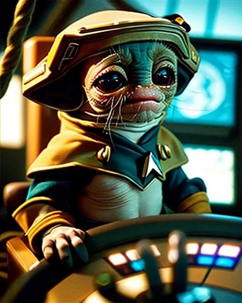 a high quality photo of babufrik at the helm of the uss enterprise, star trek scene