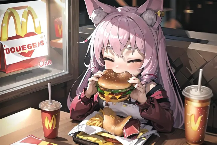 masterpiece, best quality, highly detailed, fox girl, fox ears, furry, friends, people in the background, restaurant, sitting, eating, hamburger, eating a hamburger, happy, closed eyes, taking a bite, two-handed burger, holding a huge burger with both hands, mcdonald's background, french fries, fast food, disposable cup, soda, <lora:borger-nvwls-v4:0.8>