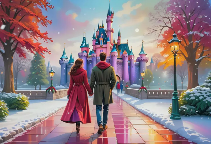an illustration of a couple strolling through a park, accentuating Christmas color hues, large canvas, atmosphere bathed in enchanting romantic light, reminiscent of colorful dreams, wet reflective stone walkway, Disney castle in distance, Christmas decorations and snow, glowing color palette, ultra fine digital painting,<lora:xl_more_art-full_v1:0.3>,, best quality, masterpiece, HDR, 8K, UHD, soft lighting, crisp, clear, clean, highly detailed, detailed eyes